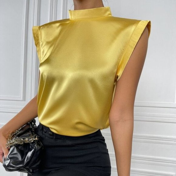 Yellow Chic Draped Back Button Detail Satin Top mi - Picture 6 of 6